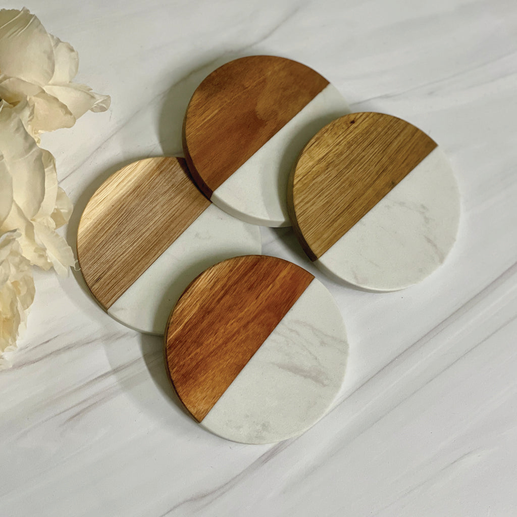 Marble Acacia Board and Coaster Set, Custom Engraved Gift