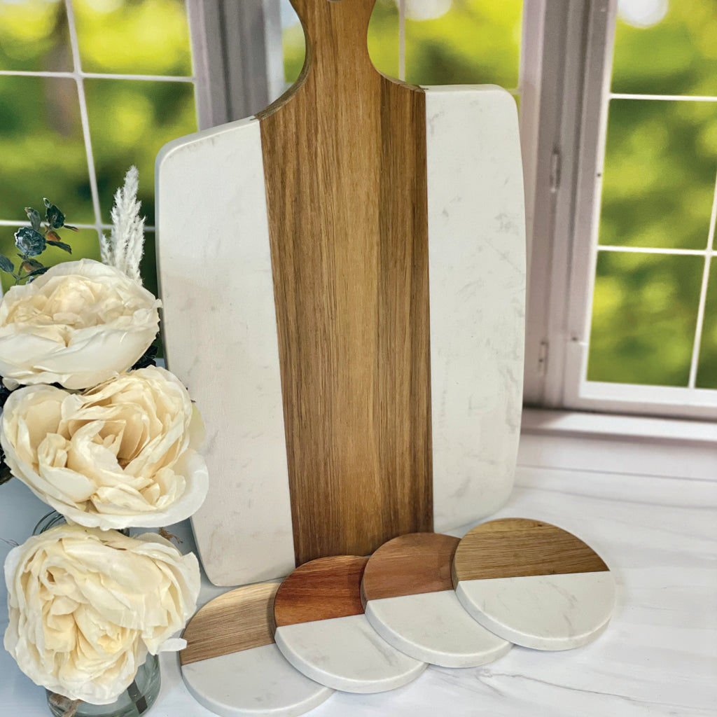 Marble Acacia Board and Coaster Set, Custom Engraved Gift