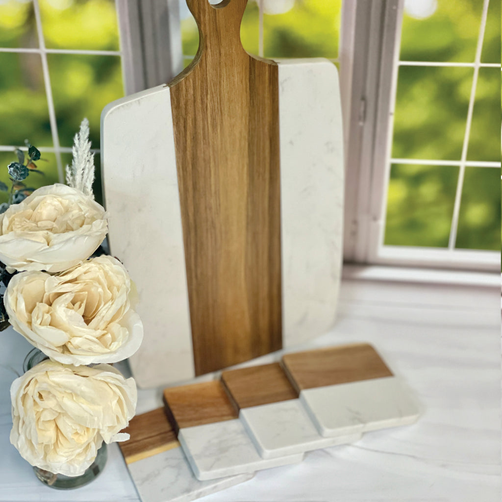 Marble Acacia Board and Coaster Set, Custom Engraved Gift