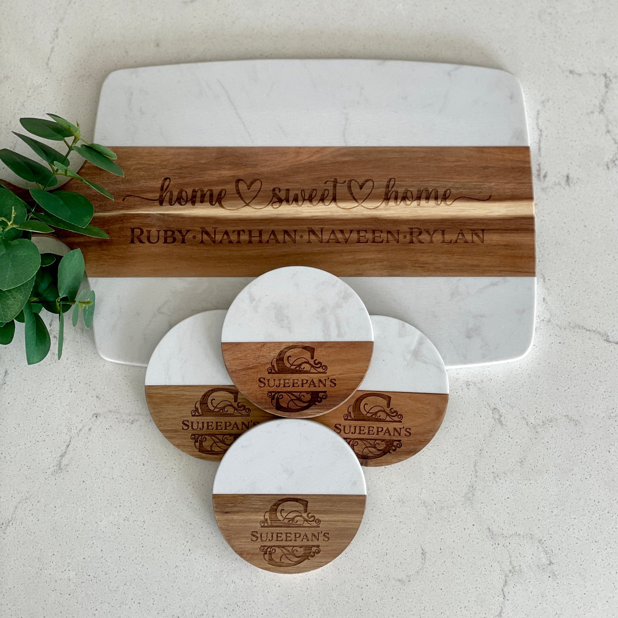 Marble Acacia Board and Coaster Set, Custom Engraved Gift