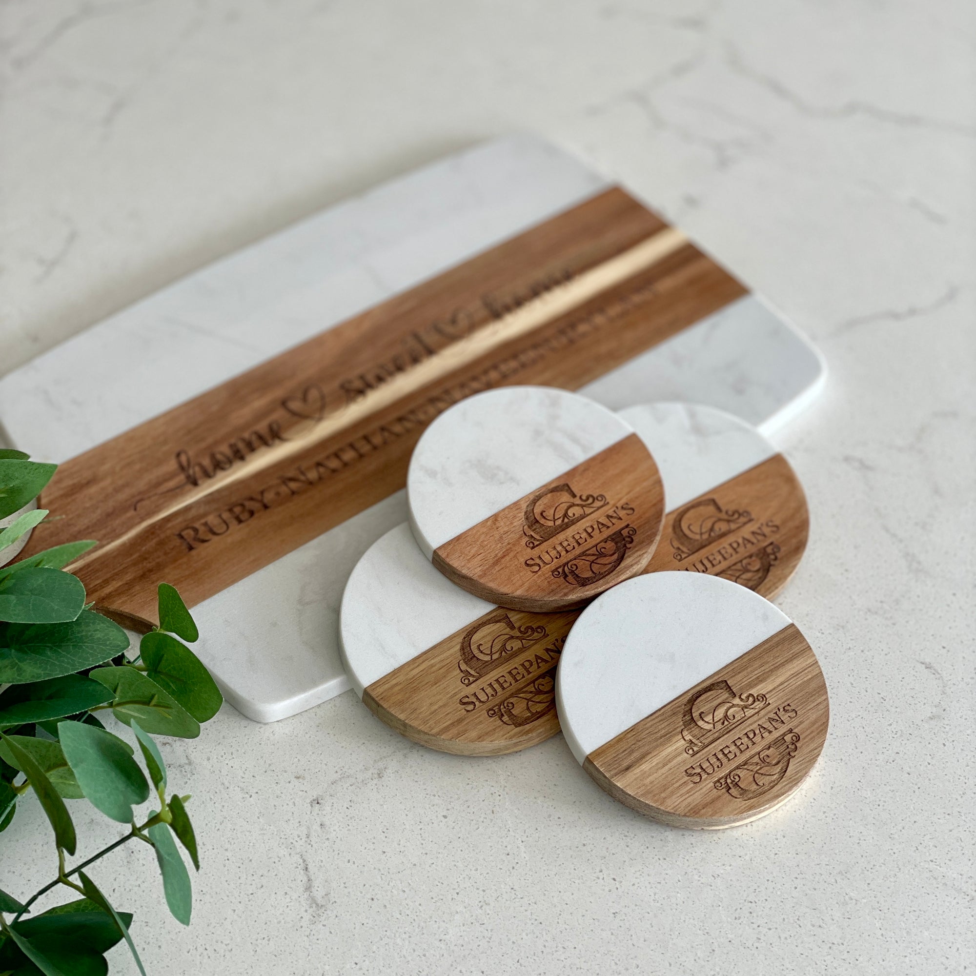 Marble Acacia Board and Coaster Set, Custom Engraved Gift