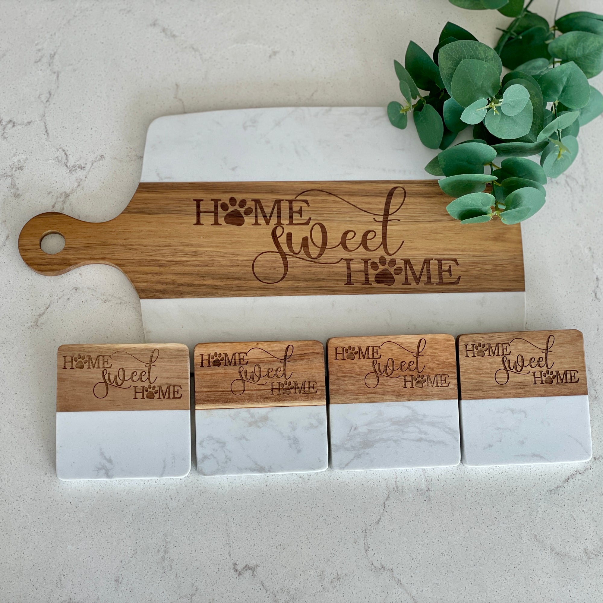 Marble Acacia Board and Coaster Set, Custom Engraved Gift