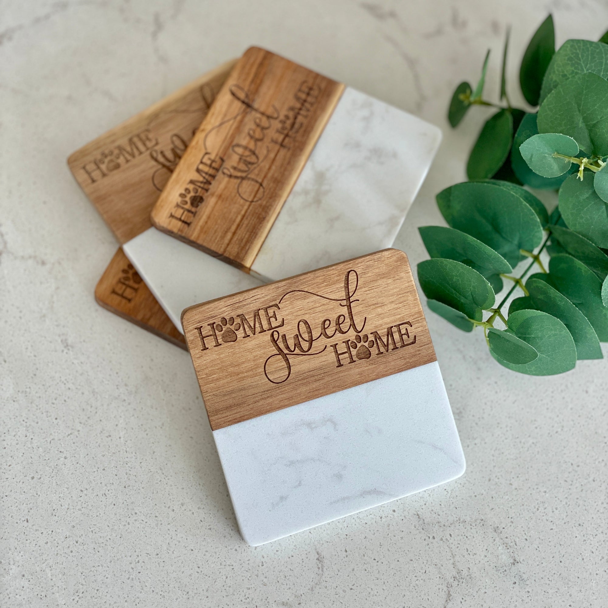 Marble Acacia Board and Coaster Set, Custom Engraved Gift