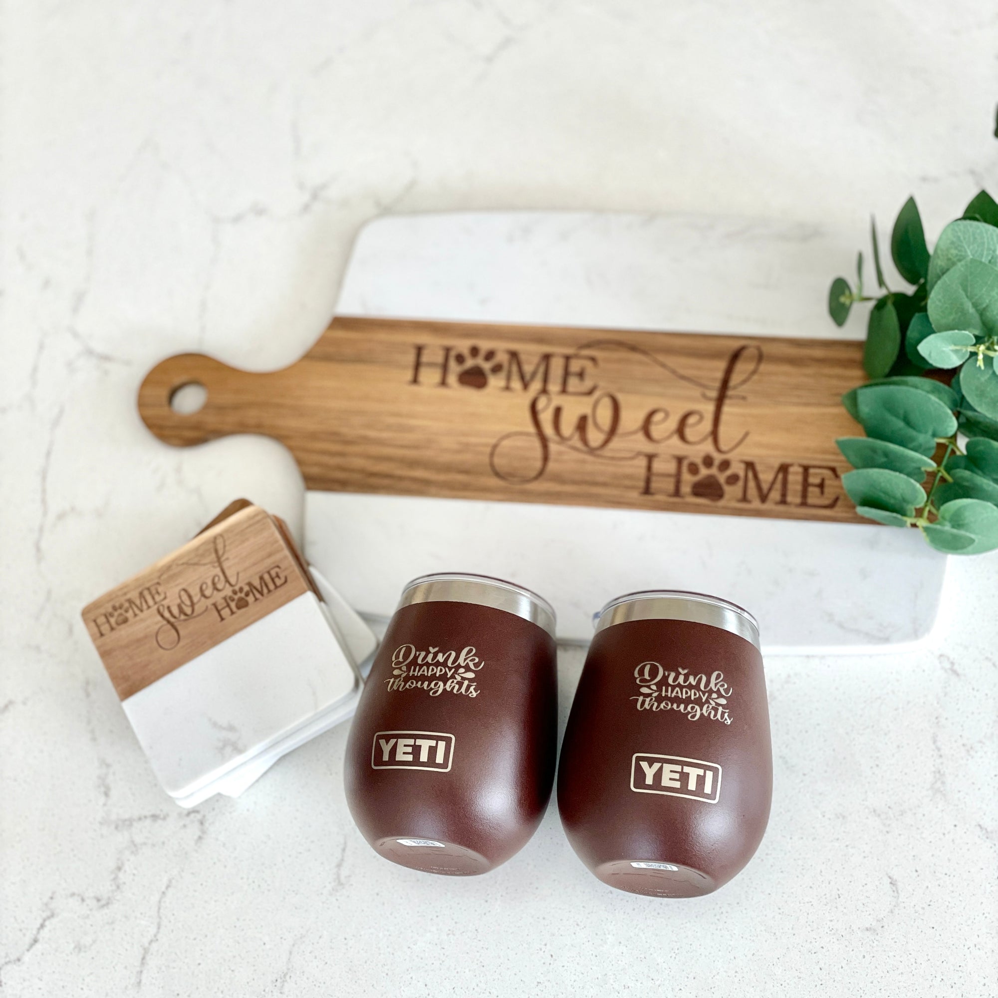 Marble Acacia Board and Coaster Set, Custom Engraved Gift