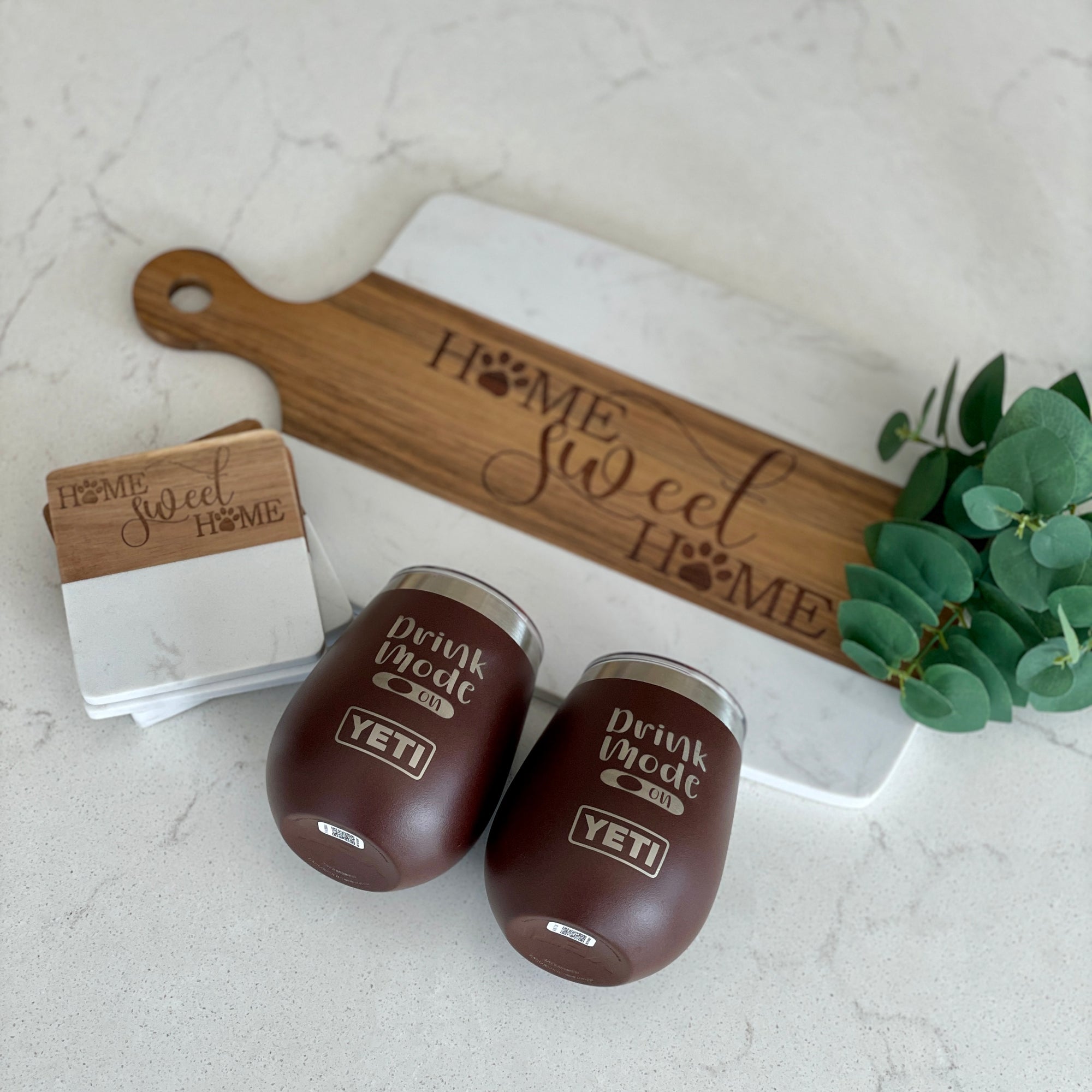 Marble Acacia Board and Coaster Set, Custom Engraved Gift