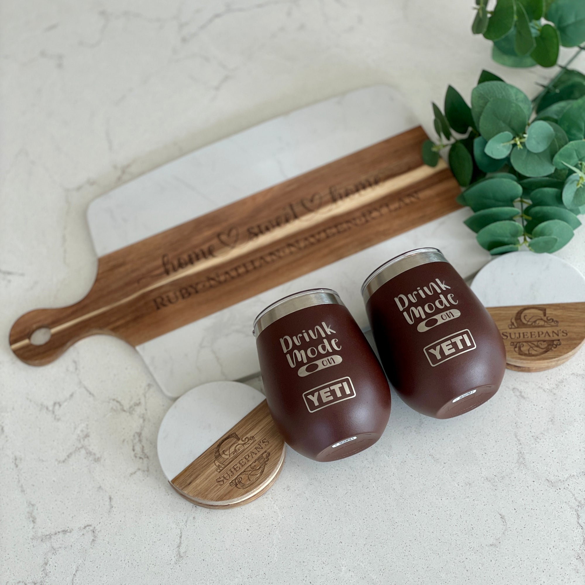 Marble Acacia Board and Coaster Set, Custom Engraved Gift