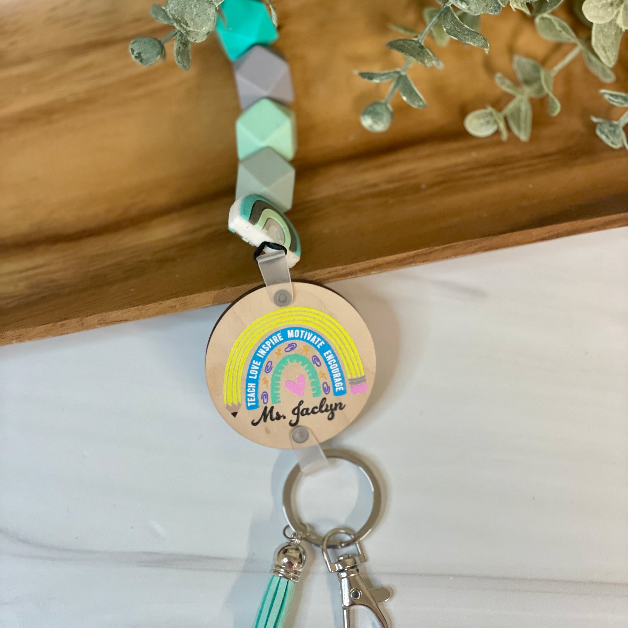 Personalized Silicone Bead Rainbow Teacher Lanyard