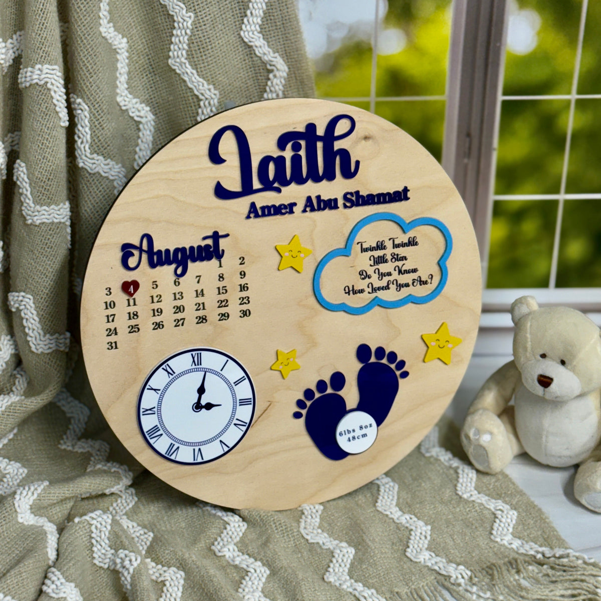 Wooden plaque with engraved text and graphics on a textured fabric background