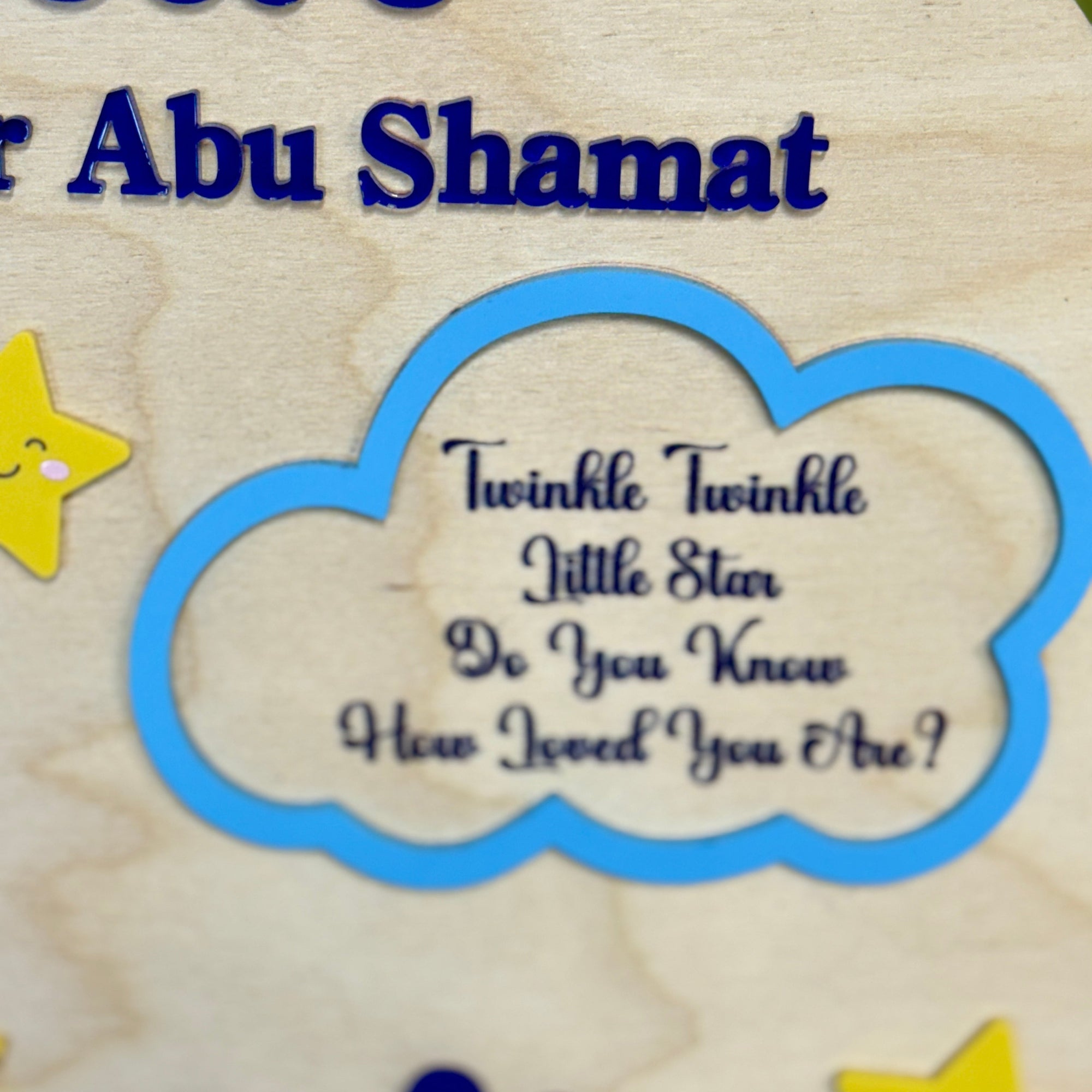 Decorative sign with stars, paw prints, and text on a wooden background