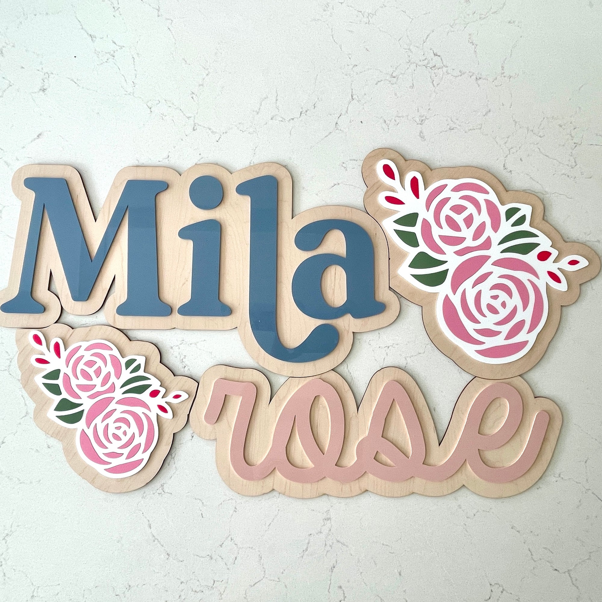 Rose Florals Nursery Name Sign With Layered Acrylic
