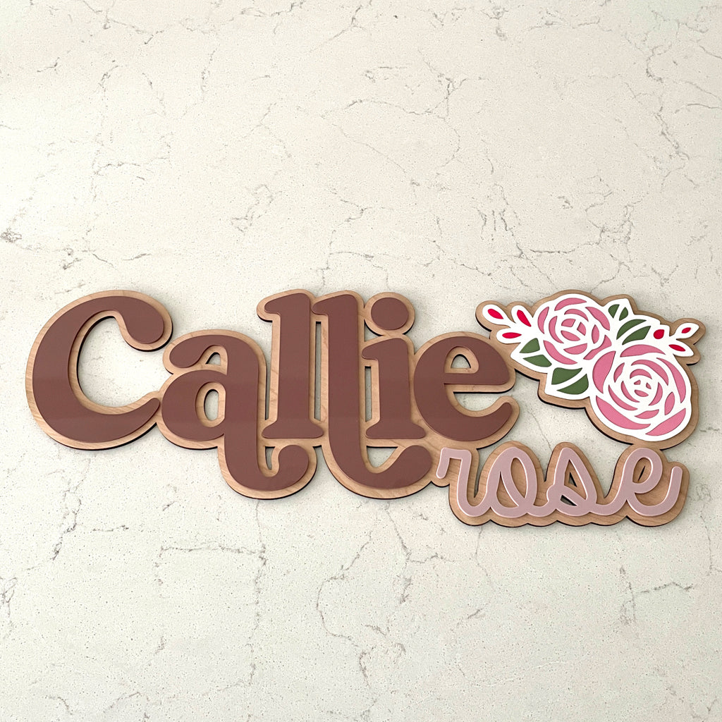 Rose Florals Nursery Name Sign With Layered Acrylic