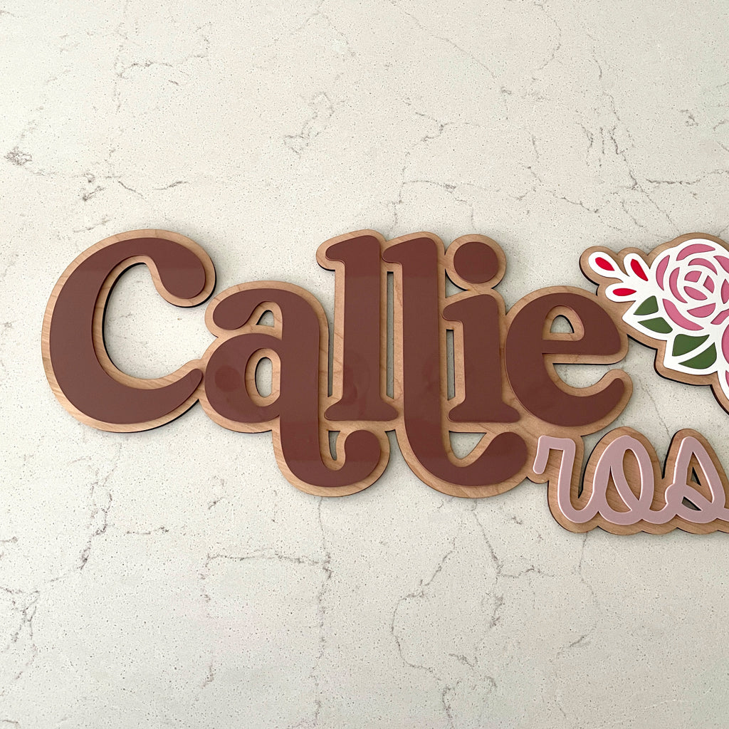 Rose Florals Nursery Name Sign With Layered Acrylic