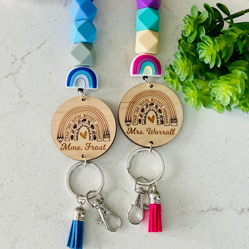 Personalized Silicone Bead Rainbow Teacher Lanyard