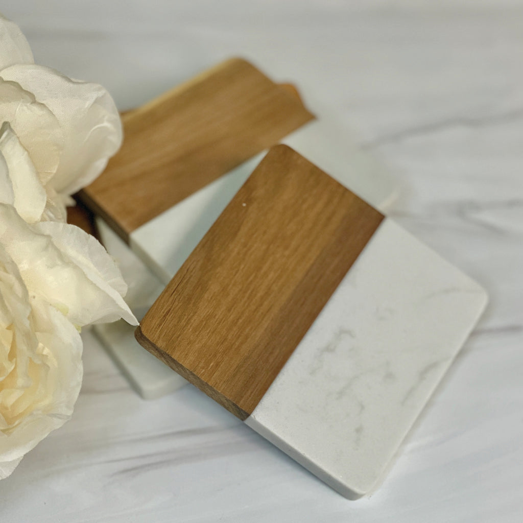 Marble Acacia Board and Coaster Set, Custom Engraved Gift
