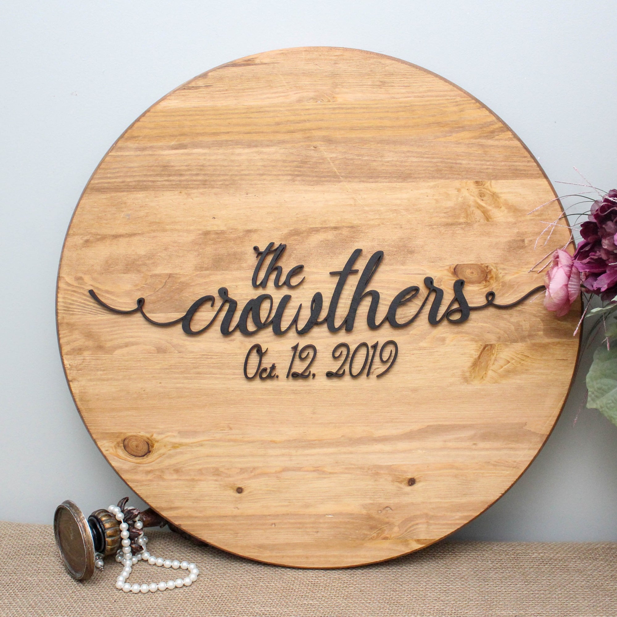 Wedding guestbook alternative round sign personalized with family name and established date