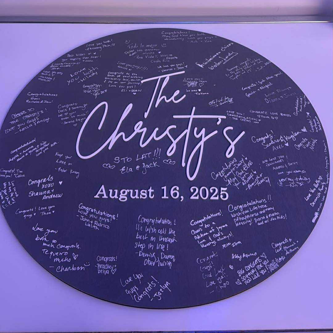 Round decorative item with 'The Christy's' and date on a white background