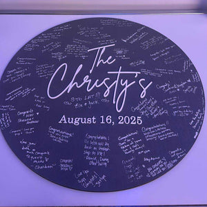Round decorative item with 'The Christy's' and date on a white background