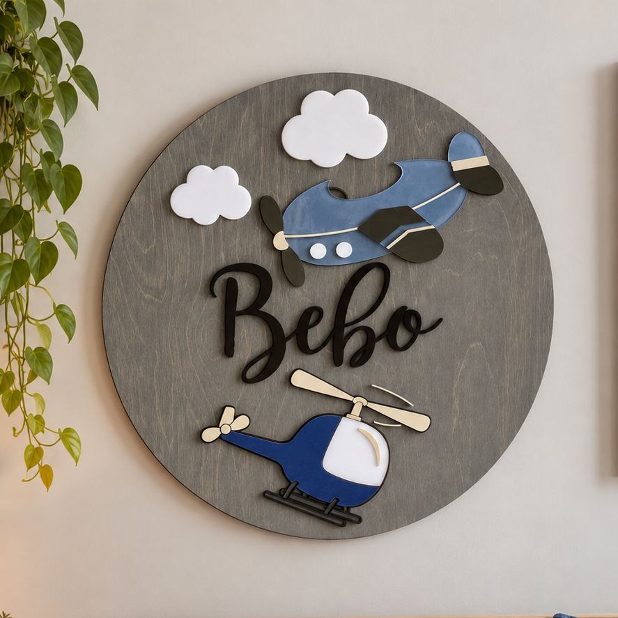 Personalized Airplane & Helicopter Name Sign | Wooden Nursery Wall Decor