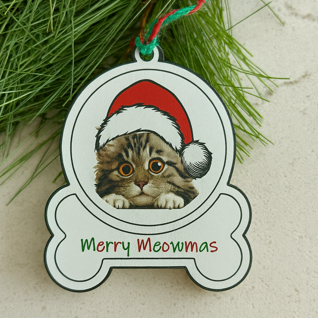 American Curl Cat ornament with Santa hat and 'Merry Meowmas' text on a white surface with greenery.
