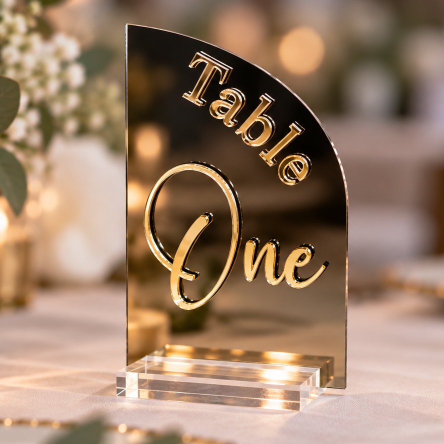Custom Acrylic Wedding Table Numbers | Modern Arch Table Signs with 3D Lettering