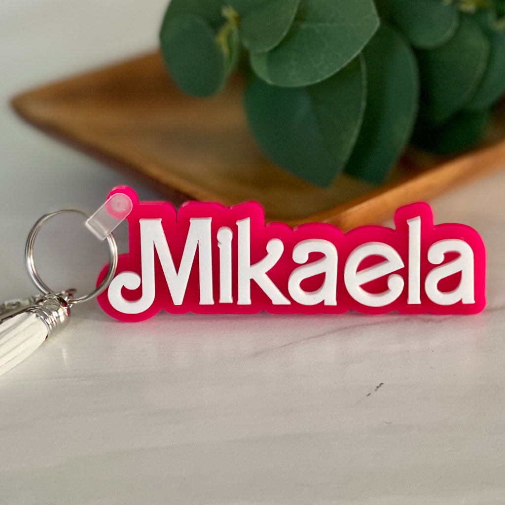 Pink and White Personalized Name Keychain, Backpack Tags