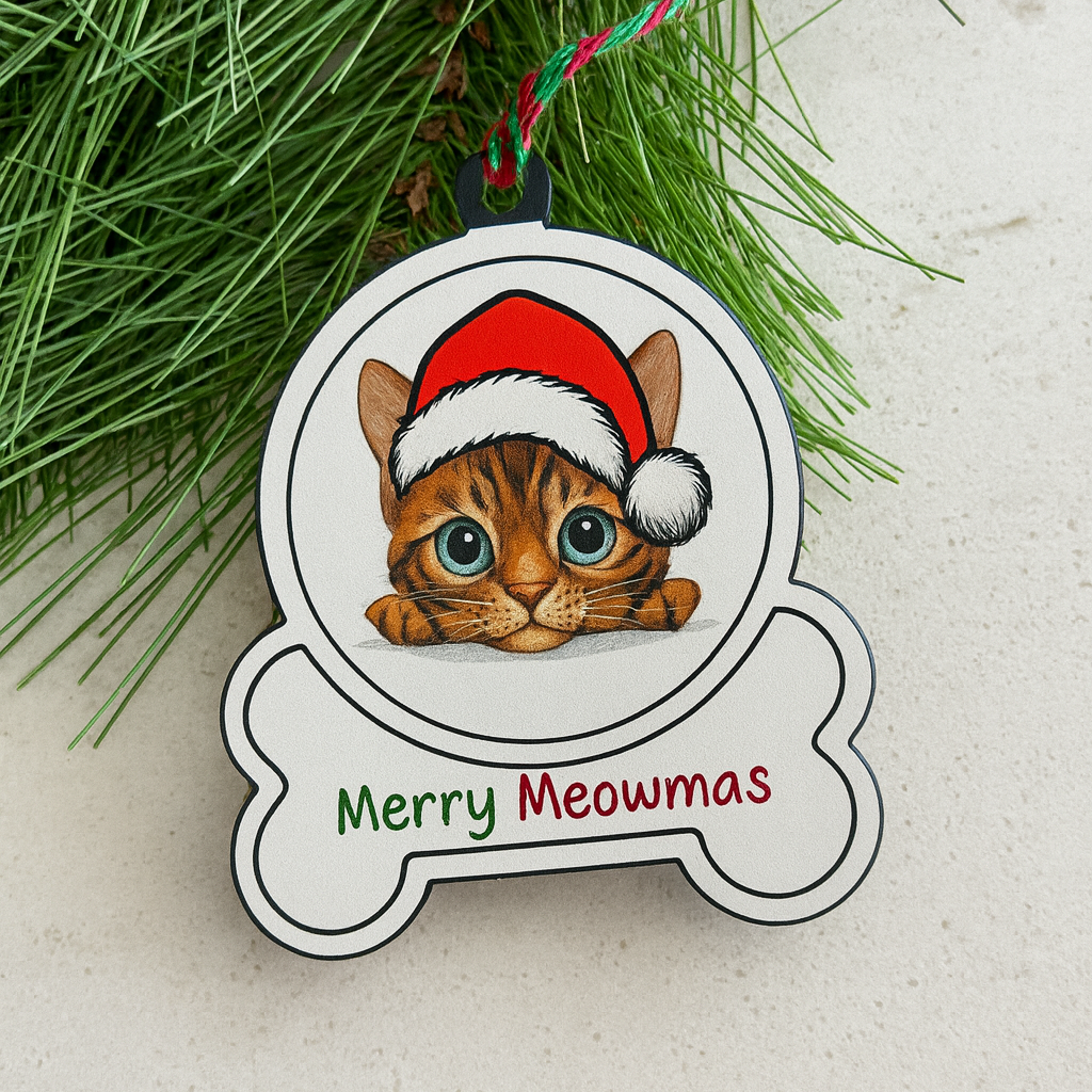 Christmas ornament with a bengal cat wearing a Santa hat and 'Merry Meowmas' text, hanging on a branch.
