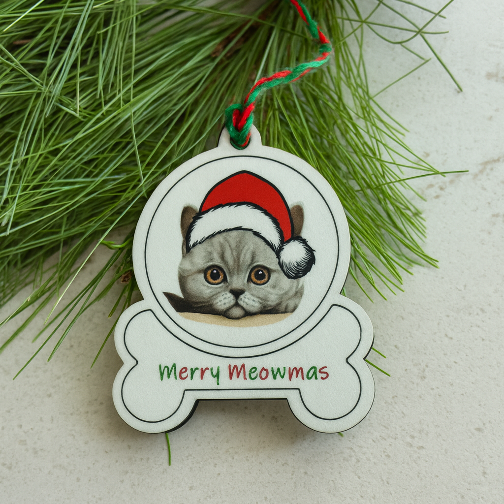 Christmas ornament with a british shorthair cat wearing a Santa hat and 'Merry Meowmas' text, hanging on a branch.