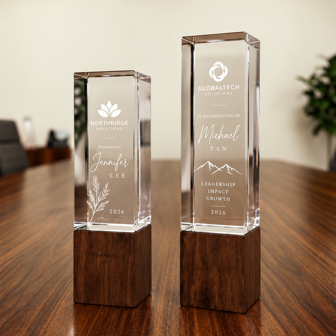 Modern Crystal & Walnut Wood Custom Engraved Executive Award