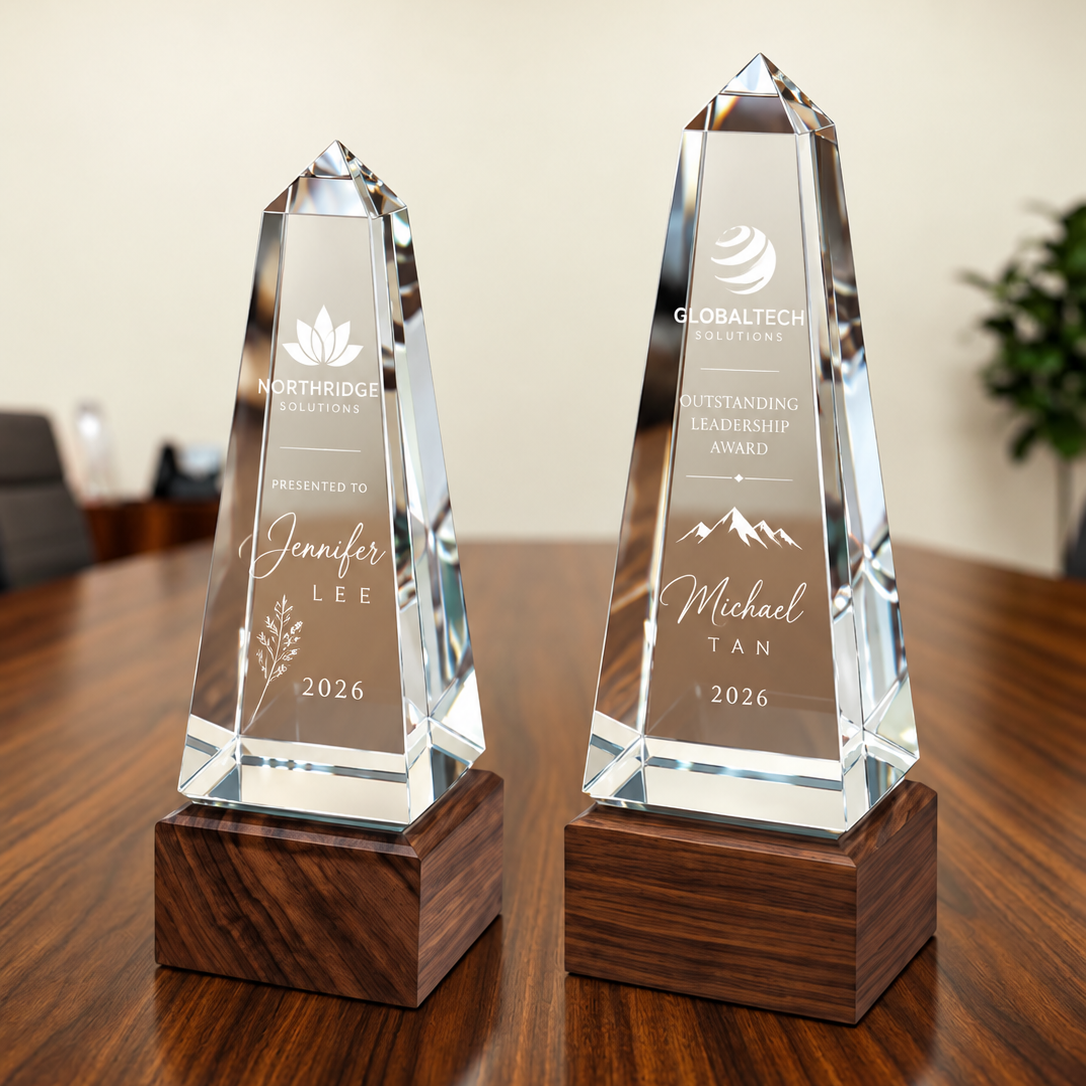 Crystal Obelisk Award with Wood Base | Corporate Trophy