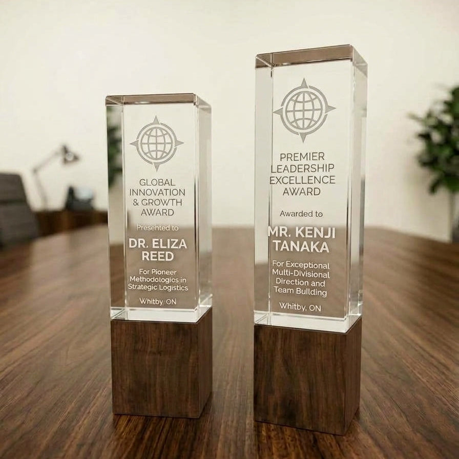 Modern Crystal & Walnut Wood Custom Engraved Executive Award
