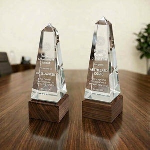 Two clear crystal award plaques with engraved text, mounted on dark wooden bases, displayed on a polished wooden table in an indoor setting.