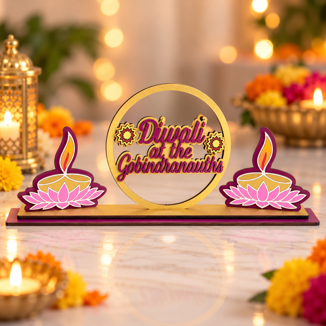 Personalized Diwali Family Name Sign | Wooden Diya & Lotus Tabletop Decoration