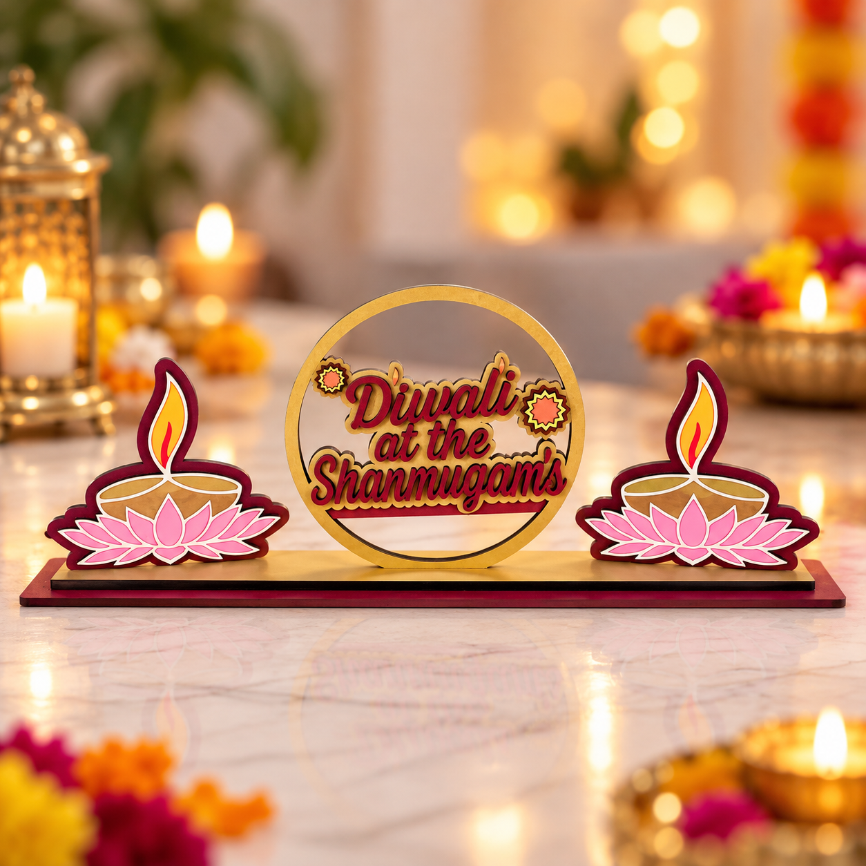 Personalized Diwali Family Name Sign | Wooden Diya & Lotus Tabletop Decoration