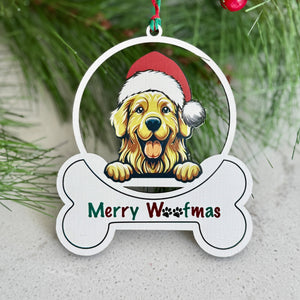 Christmas ornament with a dog wearing a Santa hat and 'Merry Woofmas' text, surrounded by pine branches and berries.