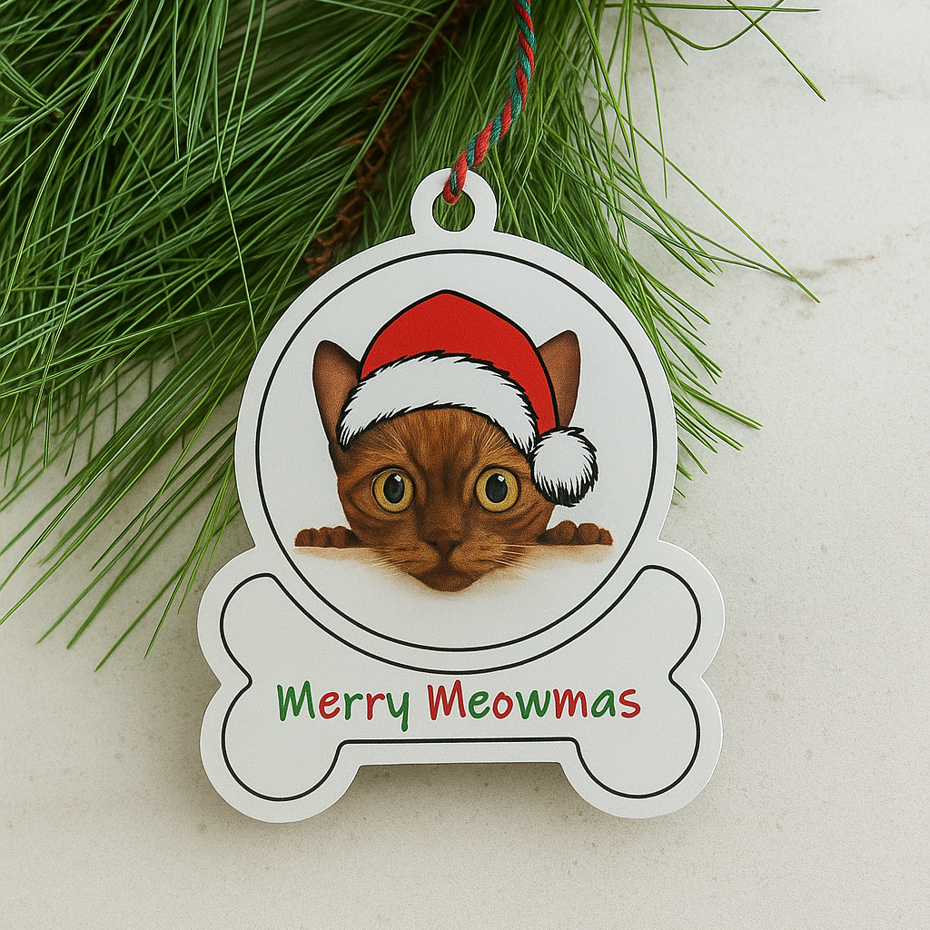 European Burmese Cat ornament with Santa hat and 'Merry Meowmas' text on a white background