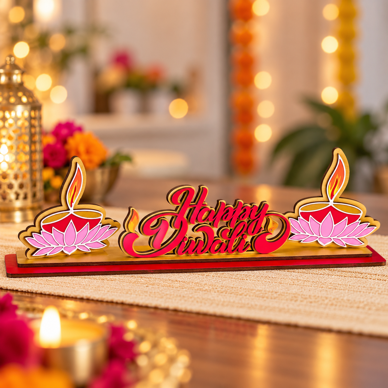 Happy Diwali Wooden Tabletop Sign | Layered Diya & Lotus Decoration