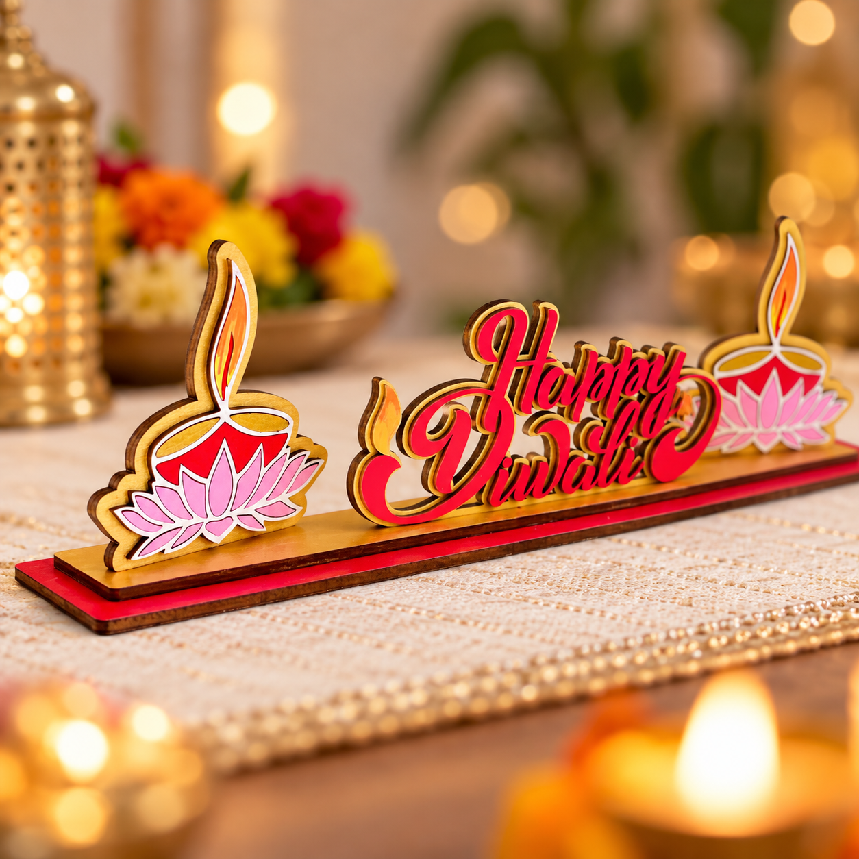 Happy Diwali Wooden Tabletop Sign | Layered Diya & Lotus Decoration