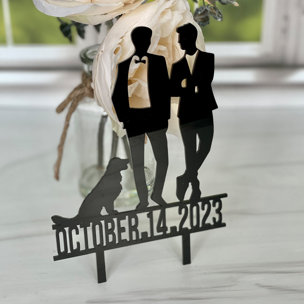 Two Grooms and Dog Silhouette Wedding Cake Topper, Gay Couple Cake Topper with Pet