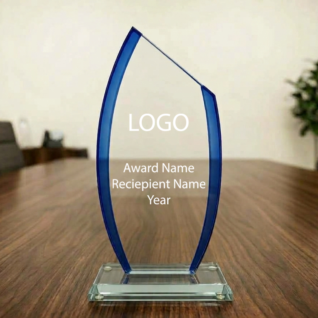 Custom Blue Accent Crystal Trophy Award |Personalized Engraving