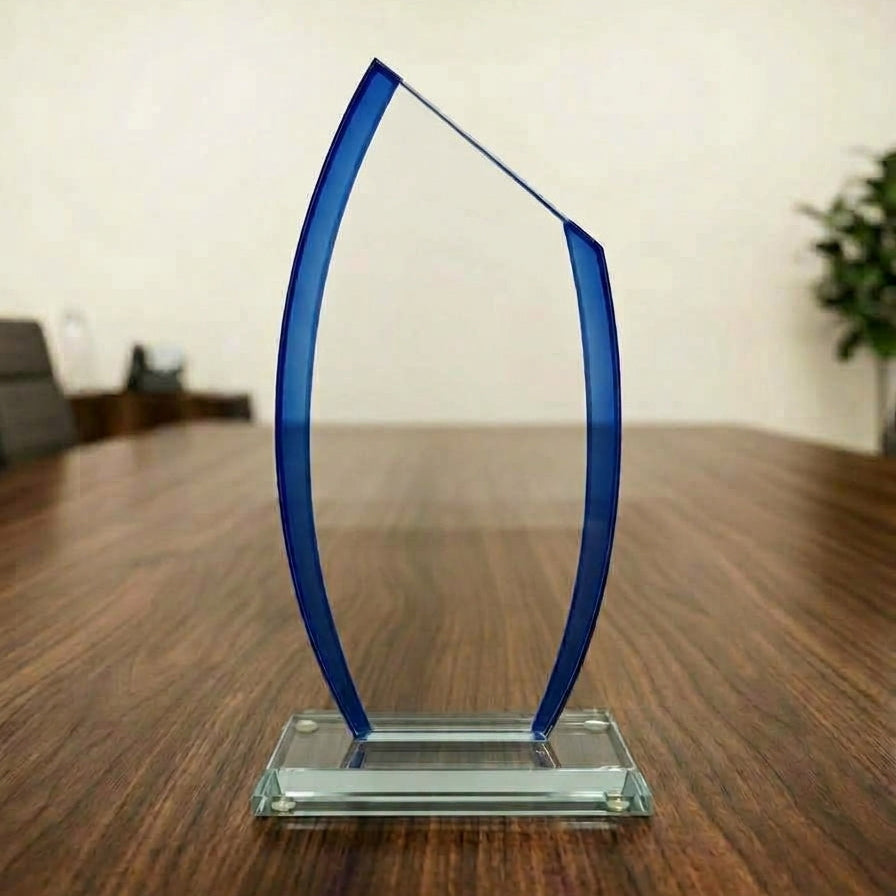 Custom Blue Accent Crystal Trophy Award |Personalized Engraving