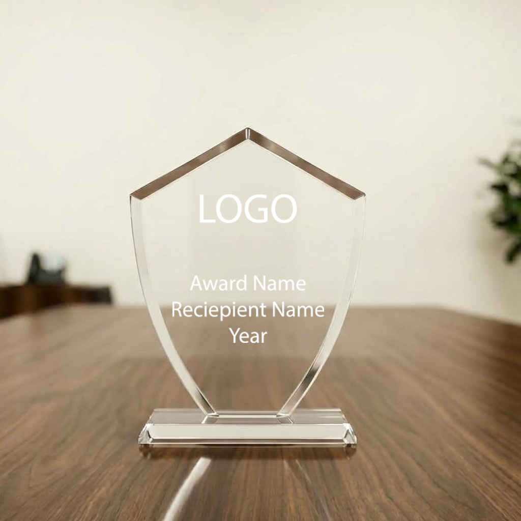 Conquest Custom Engraved Glass Shield Award | Personalized Corporate Recognition Trophy