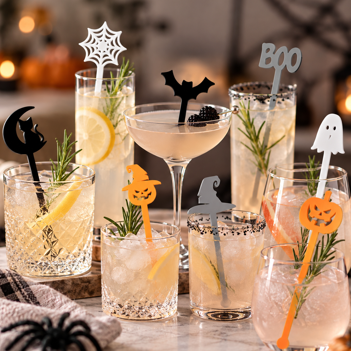 Halloween acrylic cocktail stirrers in black, white, grey and orange featuring ghost, bat, pumpkin, witch hat, spiderweb, BOO and black cat designs