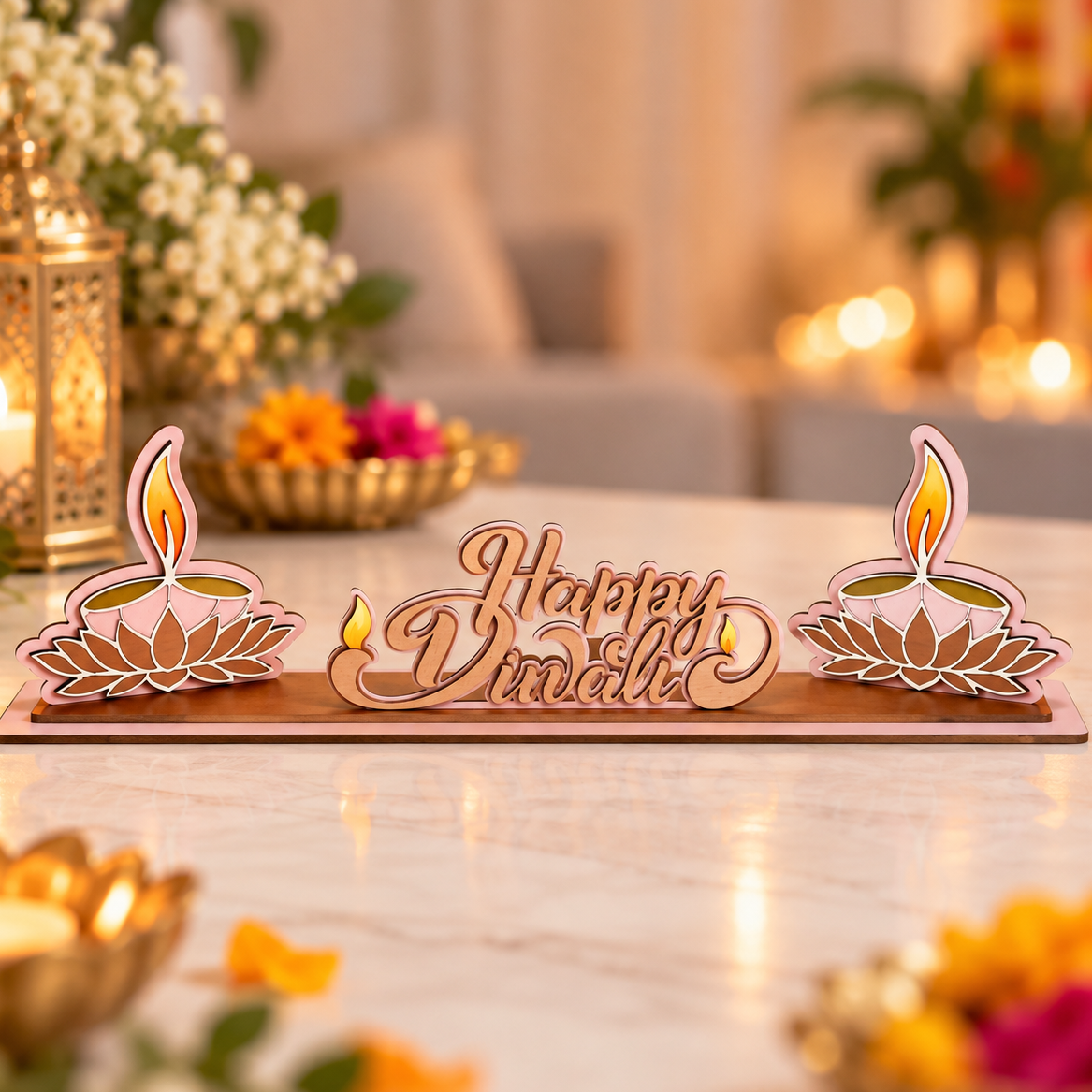 Happy Diwali Wooden Tabletop Sign | Layered Diya & Lotus Decoration