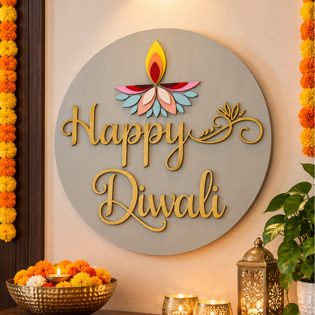 Happy Diwali Wooden Sign | 3D Diya Decor & Indian Festival Decoration