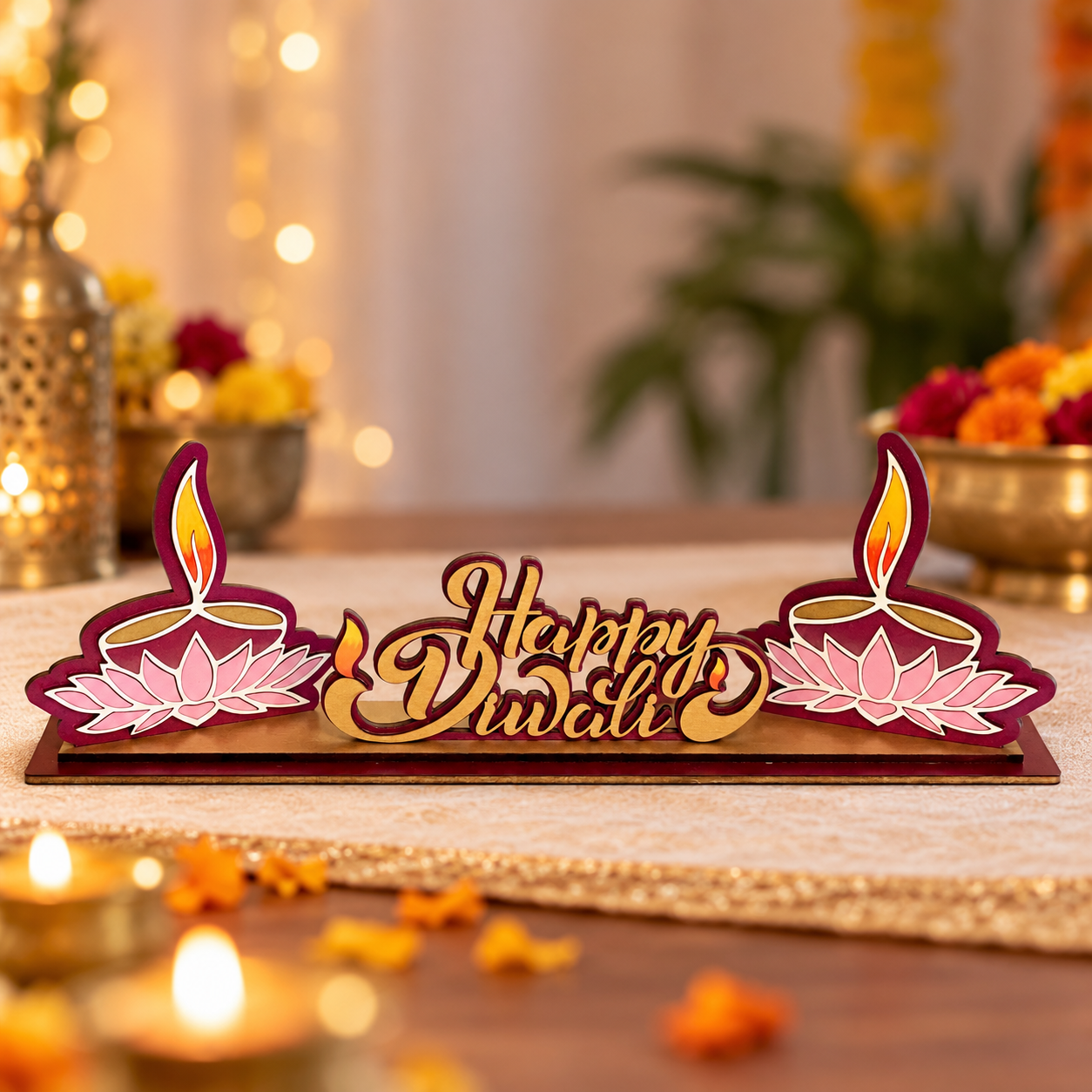 Happy Diwali Wooden Tabletop Sign | Layered Diya & Lotus Decoration