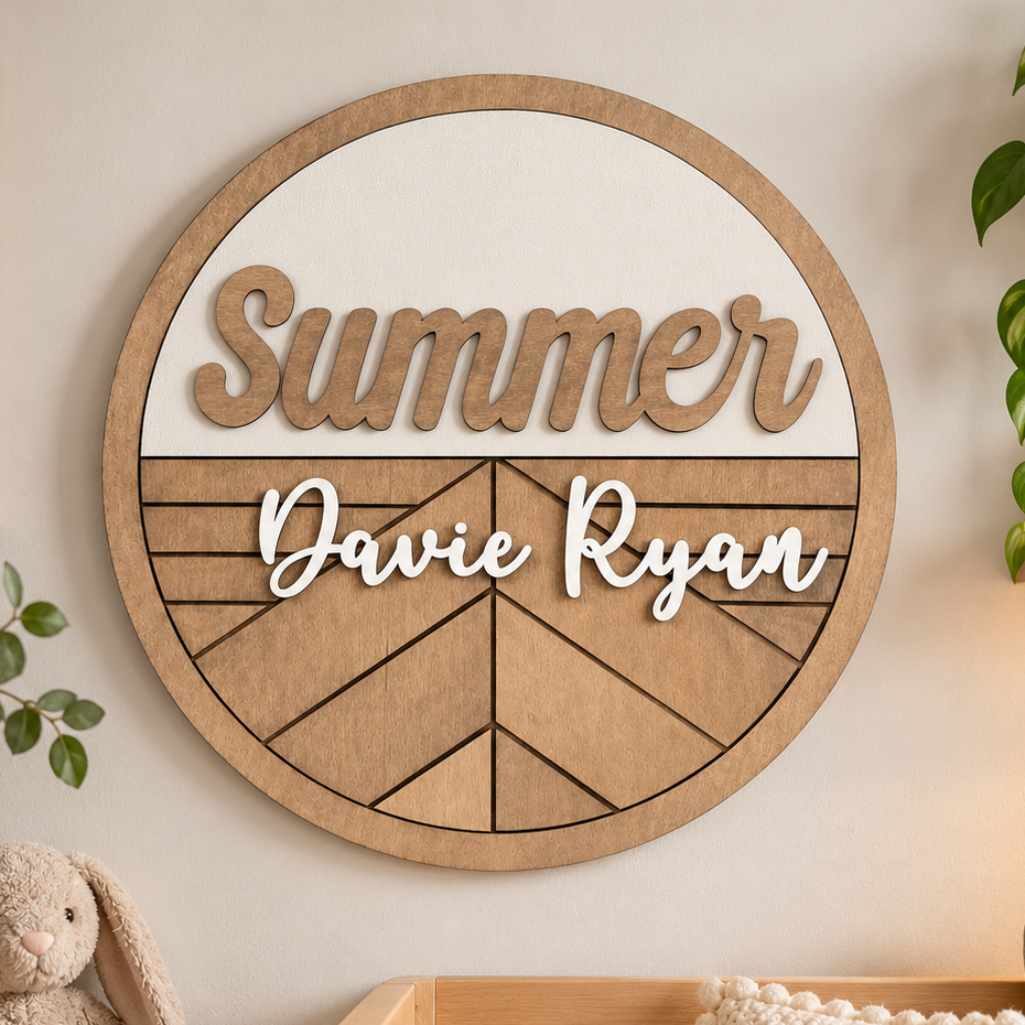 Personalized round wooden nursery name sign featuring names  in raised 3D lettering, neutral wood tones and engraved geometric chevron pattern.