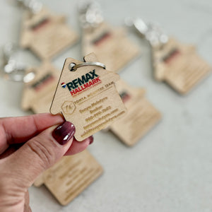 Custom house-shaped realtor keychains with your logo and contact info. Perfect closing gifts, open house giveaways, and everyday brand visibility.