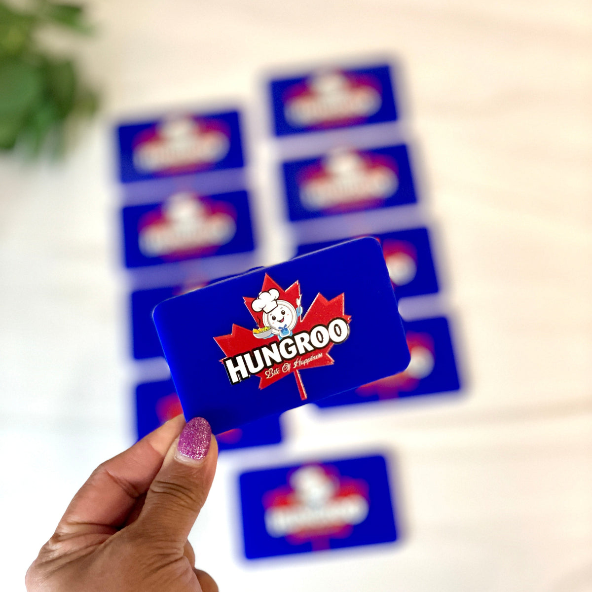 Hand holding a Hungro branded product with multiple branded cards in the background.