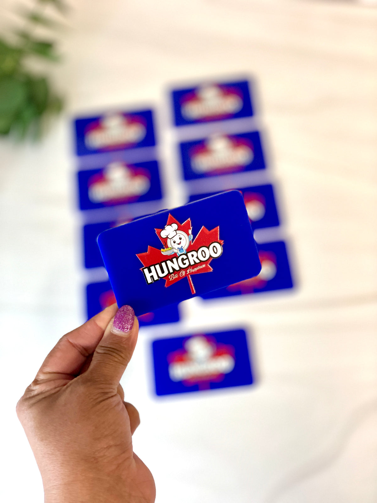 Hand holding a Hungro branded product with multiple branded cards in the background.