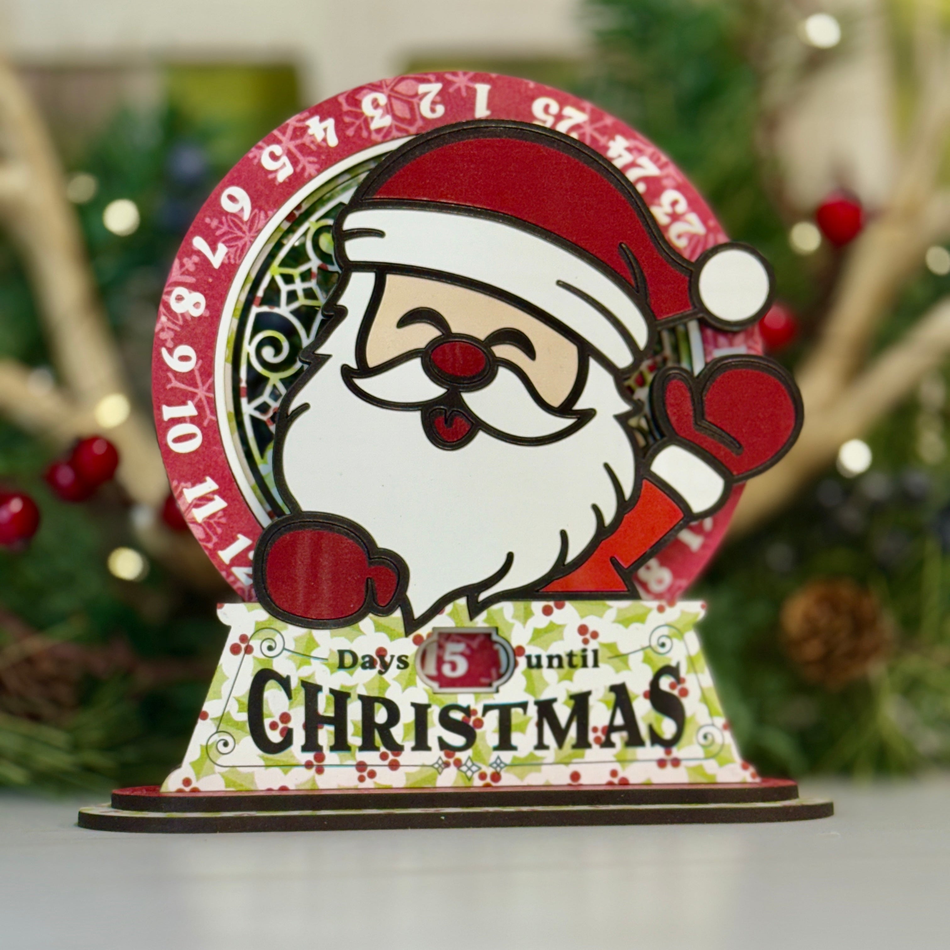 Christmas countdown calendar with Santa Claus design on a white surface.